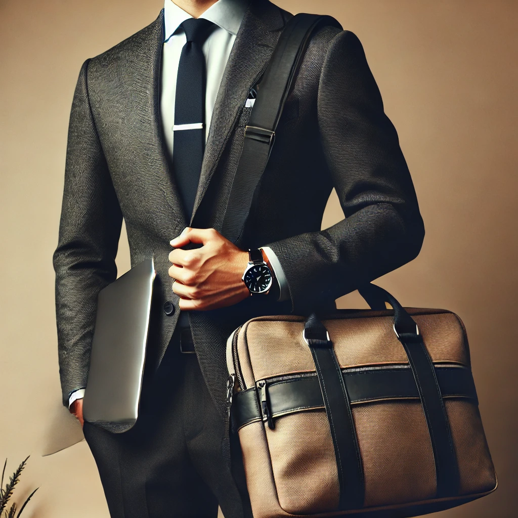 DALL·E 2024 11 18 23.53.53 A professional man standing to the left side of the image wearing a suit with a tie and a watch. He carries a laptop bag on his shoulder. The image i